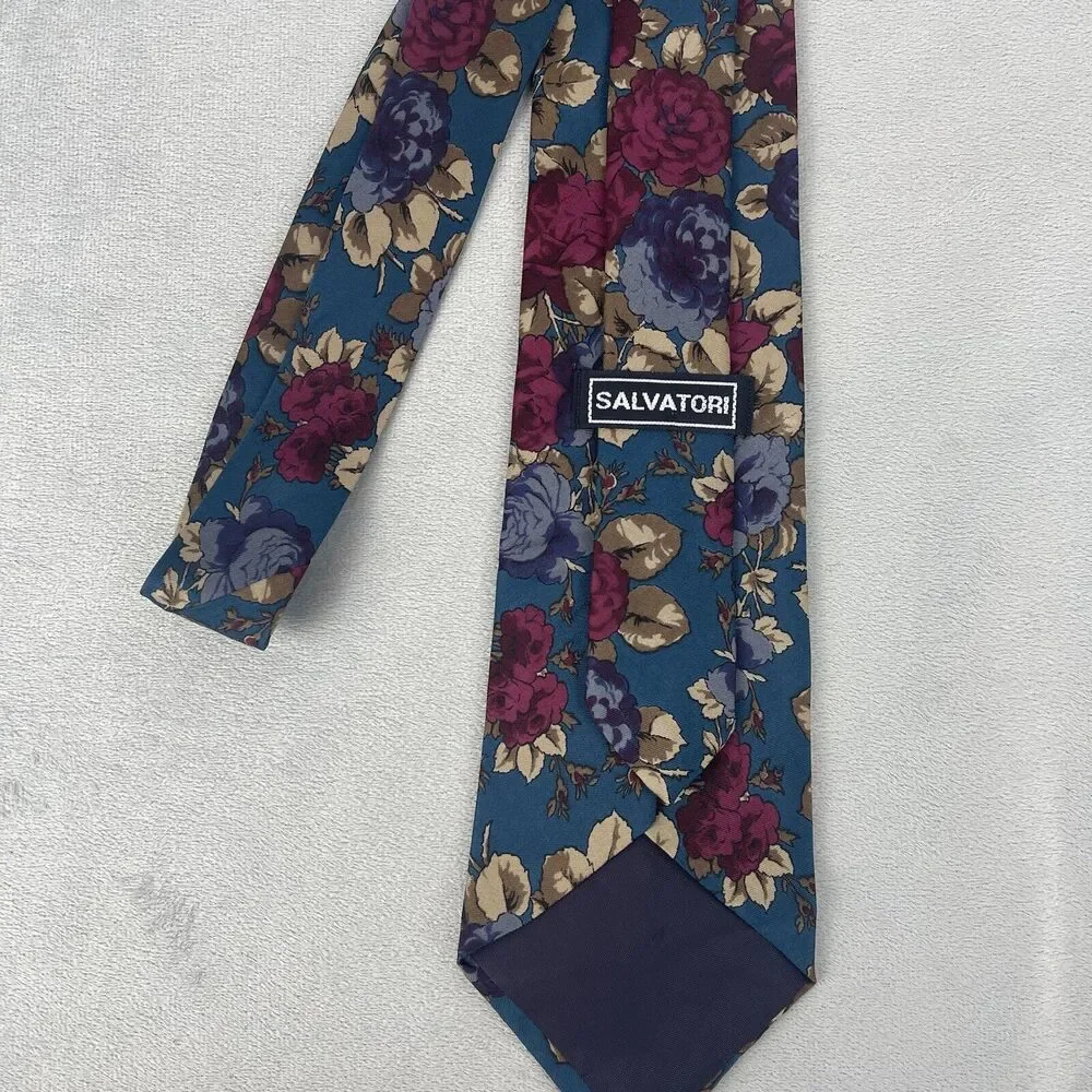 Salvatori Mens Tie Silk Multicolor Floral Print Design Roses Career Business USA